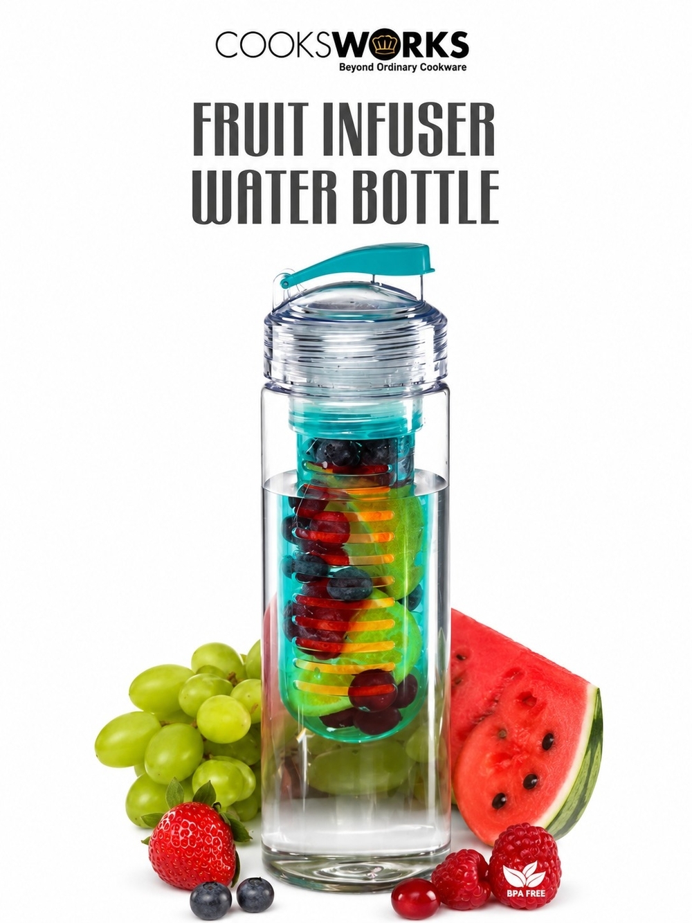 NIB Cooksworks Fruit Infuser Water Bottle BPA Free Hydration Bottle